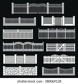 Vector fence silhouette set isolated. Wooden and brick fence decorative shape collection. Architecture gate and fence objects