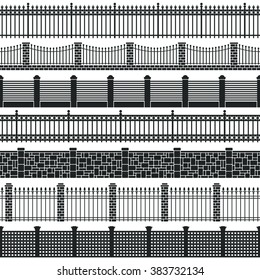 Vector fence silhouette set isolated. Wooden and brick fence decorative shape collection. Architecture gate and fence objects