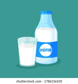 Vector fermented milk packaging and full glass of kefir on blue background. Bottle with label template for your design. Vector illustration.