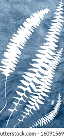 Vector fern leaves on abstract indigo tie dye background. Hand drawn plants  on blue decorative texture. Clipping mask is used for further easy editing.