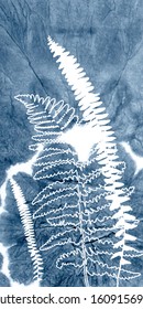 Vector fern leaves on abstract indigo tie dye background. Hand drawn plants  on blue decorative texture. Clipping mask is used for further easy editing.