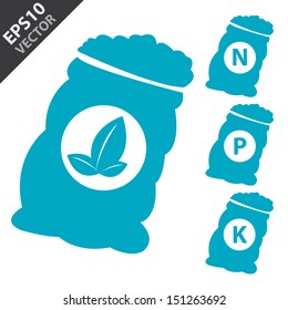 Vector : Fertilizer Icon Present By Blue Nitrogen, Potassium, Phosphorus and Leaf Sack Isolated on White Background 