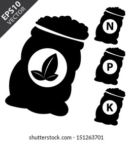 Vector : Fertilizer Icon Present By Black Nitrogen, Potassium, Phosphorus and Leaf Sack Isolated on White Background 