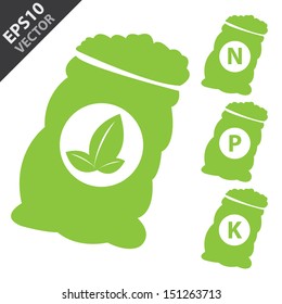 Vector : Fertilizer Icon Present By Green Nitrogen, Potassium, Phosphorus and Leaf Sack Isolated on White Background 