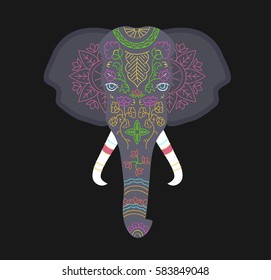 Vector Festival decorated elephant with indian tradition pattern on the skin. Elephant fabric print with floral ornate. Indian painted elephant.