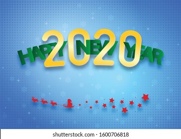 Vector festival Happy New Year 2020 and glittering snowflakes on a blue white background. Vector illustration.