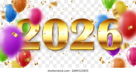 Vector festivo 2026 Año Nuevo confeti y globos voladores png. Caídas de confeti dorado brillante. Fondo de celebración de Vector con confeti y globos de helio 3D. Aislado sobre fondo transparente.