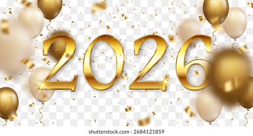 Vetor festivo 2026 Ano Novo confete e balões voadores png. O confete dourado cai. Fundo de celebração vetorial com confetes e balões de hélio 3d. Isolado no plano de fundo transparente.