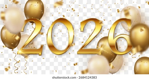 Vector festive 2026 New Year confetti and flying balloons png. Golden bright confetti falls. Vector celebration background with confetti and 3d helium balloons. Isolated on transparent background.