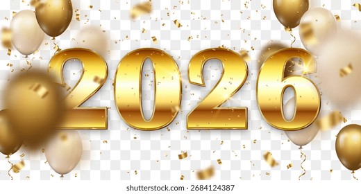 Vector festive 2026 New Year confetti and flying balloons png. Golden bright confetti falls. Vector celebration background with confetti and 3d helium balloons. Isolated on transparent background.