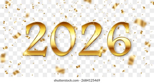 Vector festive 2026 New Year confetti png. Golden bright confetti falls. Vector celebration background with confetti. Isolated on transparent background.