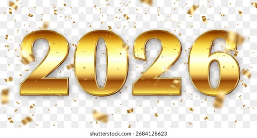 Vector festive 2026 New Year, flying confetti png. Golden bright confetti falls. Vector celebration background with confetti and. Isolated on transparent background.