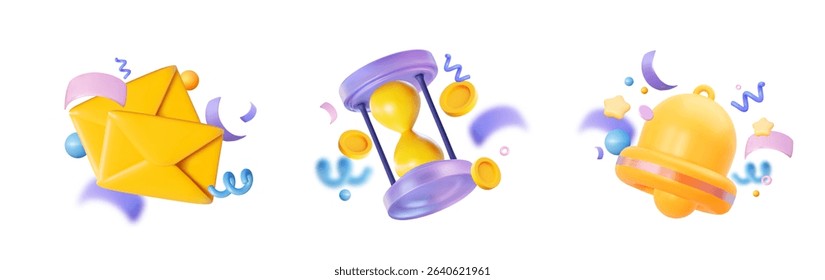 Vector festive 3D set with letter, hourglass and bell surrounded by confetti, streamers and coins. Symbols of bonuses, notifications, subscriptions, promotions, mailings and reminders.