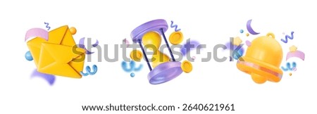 Vector festive 3D set with letter, hourglass and bell surrounded by confetti, streamers and coins. Symbols of bonuses, notifications, subscriptions, promotions, mailings and reminders.
