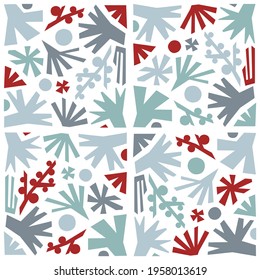 Vector Festive Abstract Woods, Leaves, Berries and Trees Seamless Pattern in Blue, Gray and Red.
