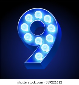 Vector festive alphabet with blue lamp. Number 9