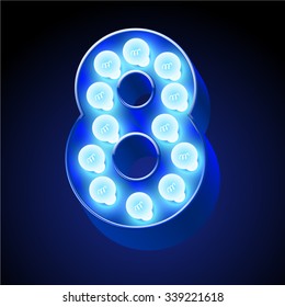Vector festive alphabet with blue lamp. Number 8
