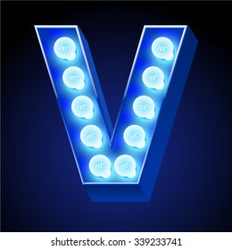 Alfabeto festivo vectorial con lámpara azul. Letra V