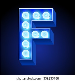 Vector festive alphabet with blue lamp. Letter F