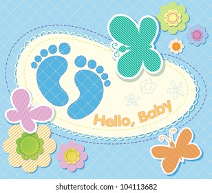 vector festive backdrop of flowers and butterflies. Stitches from the thread. welcome to boy.