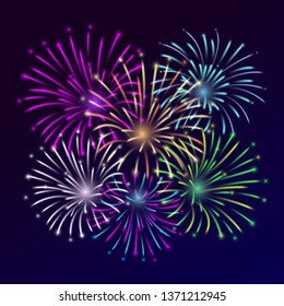 Vector festive background with colorful fireworks.  Night sky dark background with sparkling fireworks. Holiday illustration for festive event, party, San Juan, new year, Christmas, 4th July.