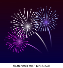 Vector festive background with colorful neon fireworks.  Night sky dark background with sparkling fireworks. Holiday illustration for event, party, San Juan, new year, Christmas, 4th July.