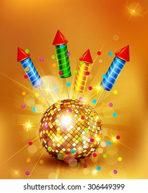 Vector festive background with glass disco ball and firecrackers