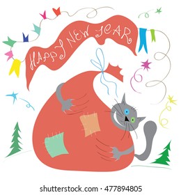 vector festive background with a smiling cat hugging gift / Happy New Year mood