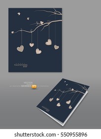 Vector festive background Valentine's Day. Vintage. Template for postcards. Hearts hanging on a tree branch.