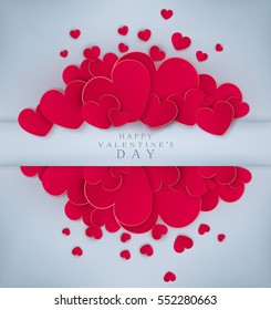 Vector festive background Valentine's Day. Template for postcards. Red hearts on a gray background with a card for the text