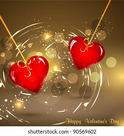 vector festive background for Valentine's Day with two hearts hanging on ribbons