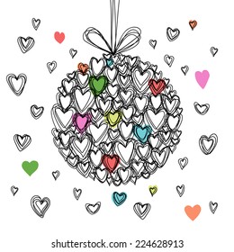 Vector festive ball of doodle hearts. Christmas, Valentines Day, wedding greeting card. Hand drawn illustration in kids style for print, web