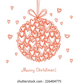 Vector festive ball of doodle hearts. Christmas, Valentines Day, wedding greeting card. Hand drawn illustration in kids style for print, web