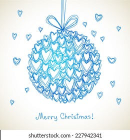 Vector festive ball of doodle hearts. Christmas, Valentines Day, wedding greeting card. Hand drawn illustration in kids style for print, web