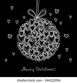 Vector festive ball made from small hearts of doodles. Original greeting card with sample lettering - Merry Christmas! Hand drawn background on black board. Decorative illustration in childish style