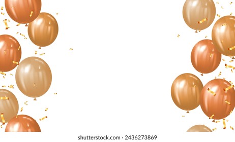 vector festive balloons and confetti orange gold shiny for holiday, celebration, anniverssary. season