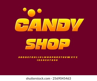 Vector festive banner Candy Shop. Sweet Glossy Font. Modern Alphabet Letters and Numbers set.