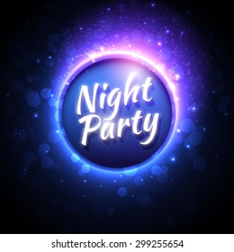 Vector festive banner design template for Club Night Party with glowing ball in center and glitters around. Magic blurred disco background with blue and purple color lights