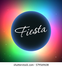 Vector festive banner design template for Fiesta with ball in center and glitters around. Magic blurred disco background with colorful lights