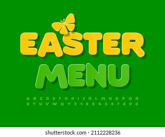 Vector festive banner Easter Menu with decorative Butterfly. Fresh green Font. Set of sticker Alphabet Letters and Numbers