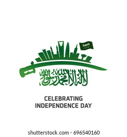cartel festivo vector con banderas de Arabia Saudita, Feliz Día de la Independencia. la inscripción "Día Nacional Saudita del Reino de Arabia Saudita 23 de septiembre