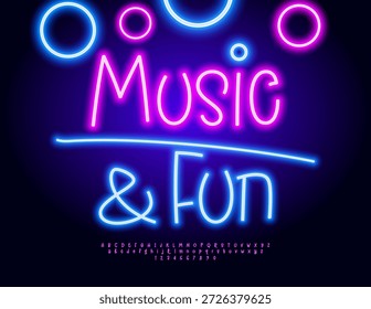 Vector Anuncio festivo Música y diversión. Joyful Glowing fuente. Conjunto de letras y números de alfabeto de neón.