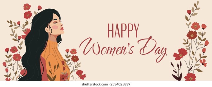 Vector festive banner postcard with text International Women's Day. Young girl in flowers. Feminism, women's empowerment, gender equality