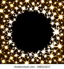 Vector Festive Banner with Shiny Stars and Round Place for Text. Illustration of Magic Gold Glitter Firework.