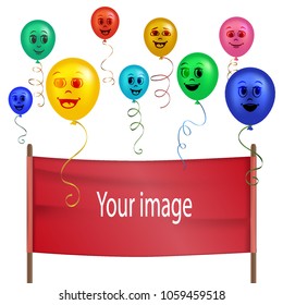 Vector. Festive banner template. Colorful air smiley balloons for holiday, put a photo, SMS. Poster, greeting, demonstration, support, fans flag. background.3D, grid, realistic illustration.