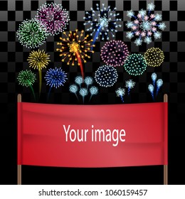 Vector. Festive banner template. Colorful fireworks, carnival fireworks, on holiday, put a photo, SMS. Poster, greeting, demonstration, support, fans flag. background.3D, grid, realistic illustration