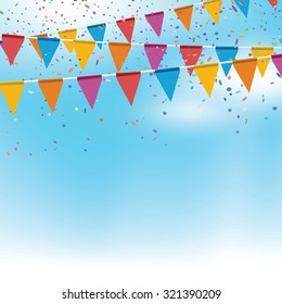 Vector festive banners on blue sky with clouds.