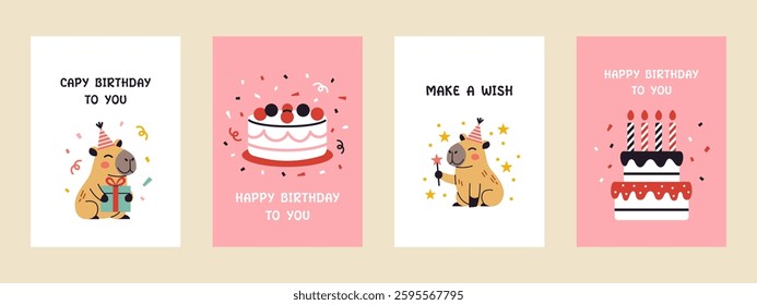 Vector festive birthday greeting card set with cute capybaras and cakes in flat design. Cheerful posters, trendy postcards, collection of birthday illustrations. Perfect for birthday party event.