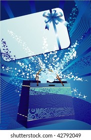 Vector festive Blue package with a greeting card on the blue background with stars