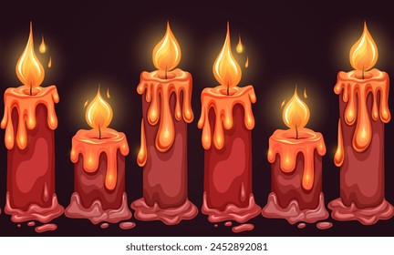 Vector festive border of cartoon candles with lights on dark background. Holiday and joy. Horizontal frieze with red wax candles for mobile games, condolence letters and invitations